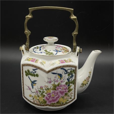Vtg Homco Japanese Porcelain Hexagonal Teapot with Brass Handle