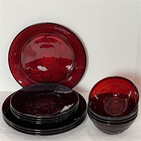(12) Vintage Cristal D'arques Durand - Antique Ruby Red Glass Plates and Bowls