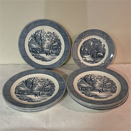 11 Currier & Ives "A Snowy Morning" and 1 Unmatched Underglaze Print Platters