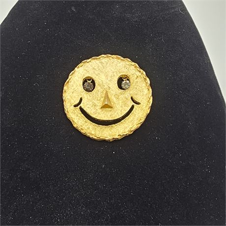 Vintage Gold Tone Smiley Face Pin/ Pendant w/Rhinstones