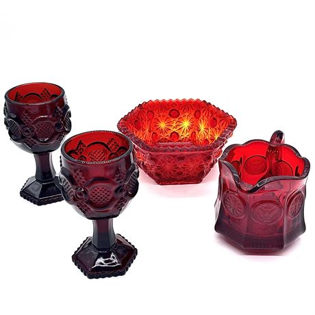 Ruby Red Glass Avon Goblets, Fostoria Coin Motif Creamer, & LE Smith Dish