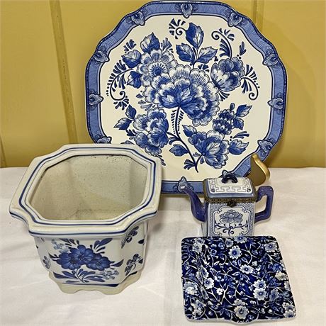 Oriental Blue & White Ashtray, Trinket Box, Planter & Plate