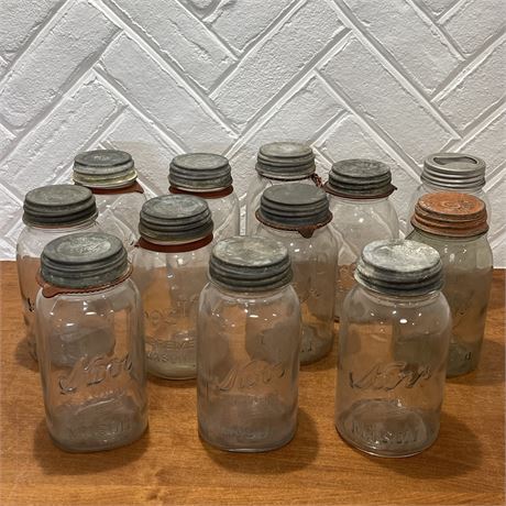 Lot of 12 Antique and Vintage Kerr Mason and Other Lidded Glass Jars