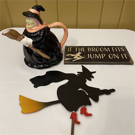 WITCHES! - Enesco Witch Teapot, Metal Witch Plant Stake & Witch Themed Sign