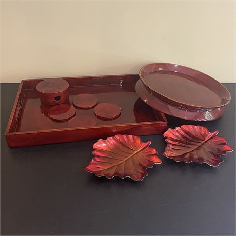 Bamboo Lacqware Serving Trays and Coaster Set with Painted Leaf Trinket Trays