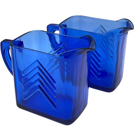 Pair of Cobalt Blue Hazel Atlas Chevron Pattern Creamers / Small Pitchers
