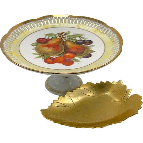 Royal Halsey Pedestal Dish & Neocraft by Everlast Gold Toned Aluminum Leaf Dish