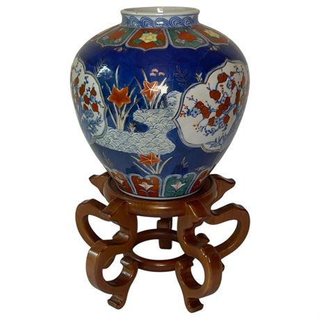 Oriental Chinoiserie Imari-Style Ginger Jar on Wooden Stand