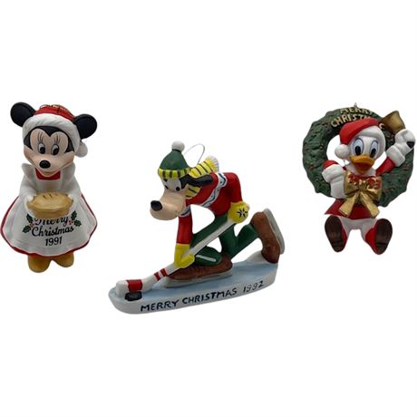 1991-1993 Disney Collectible Ceramic Ornaments - Minnie, Goofy & Donald