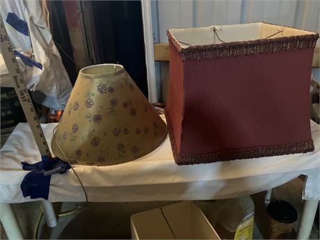 2 lampshades (one large/red/beaded, one brown/floral pattern)