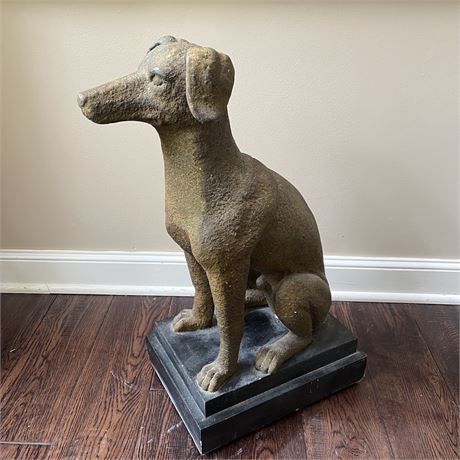 Large Casted Resin Dog Statue with Wooden Base