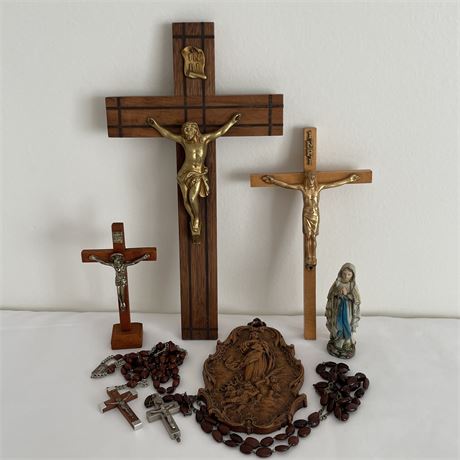 (3) Crucifix w/ Rosaries, Wall Plaque & Figurine