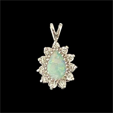 14k White Gold Pendant w/ Pear-Shaped Opal Surrounded by One Carat of Diamonds