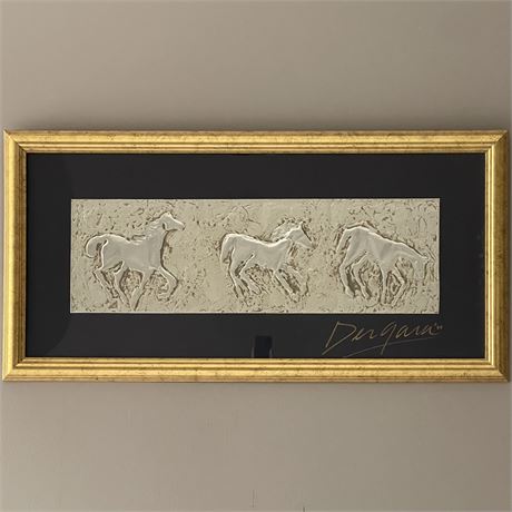 Vtg Ann DerGara Signed Repousse Equestrian Three Horse Silver Metal Framed Art