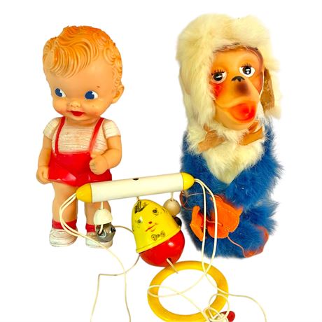 Vtg Sun Rubber Ruth E Newton Doll, Sutton & Sons Puppet Monkey & Crib Rattle