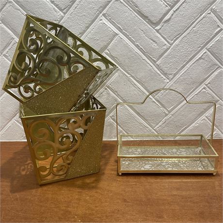 Pair of Gold Toned Metal Filigree Planters with Glass Handled Decorative Tray