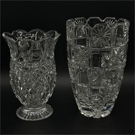 Set of 2 Coordinated Cut Glass Crystal Vases