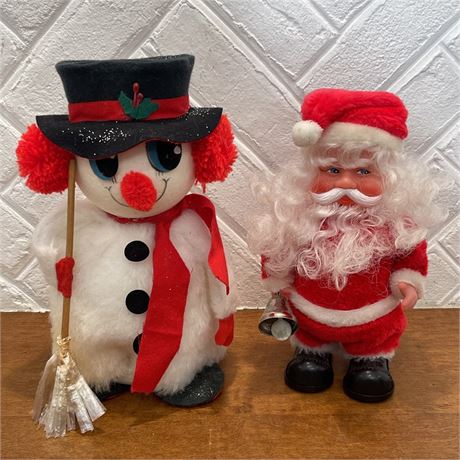 Vtg Musical Walking Santa Claus & Hand-Made Snowman