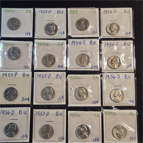 Vtg 16 Nickels 1953-1959