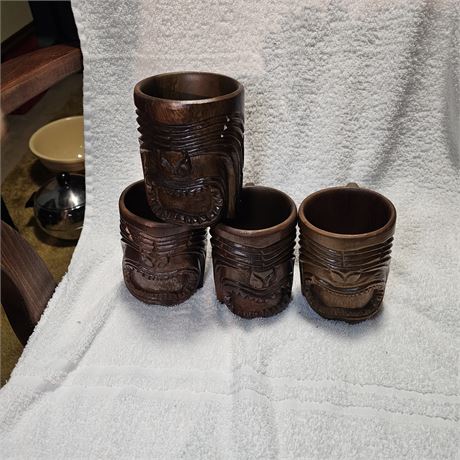Tiki Mugs Wood Polynesian God Face Hand Carved Cup with Handle