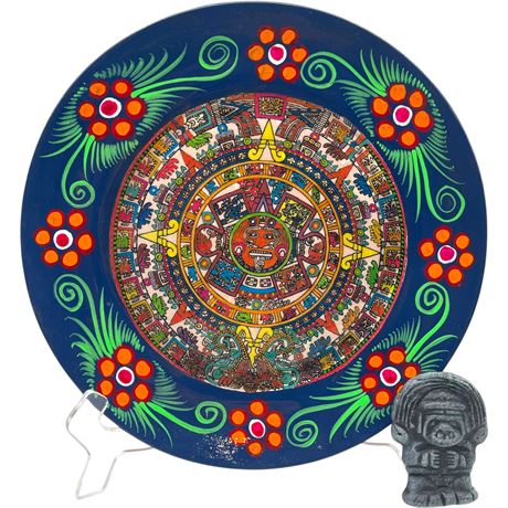 Aztec Sun Stone Calendar Pottery Plate & Aztec “God of Rain” Artifact Replica