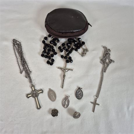 Vtg Catholic Rosary & Devotional Medal Collection Mixed Religious Items