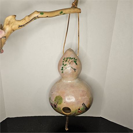 12" Tall Nuthatch Pyrography Birdhouse Gourd w/Wall Mount Hanging Limb