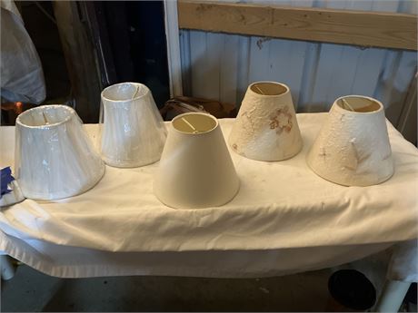 5 mini lampshades total (pair white, pair paper mache/floral, single beige)