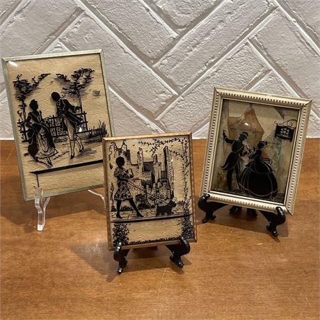 Set of 3 Vintage Framed Reverse Silhouettes on Bubbled Glass