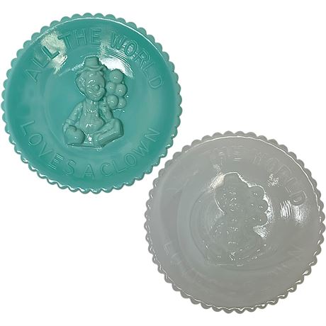 Vtg Mosser Blue & White Slag Glass "All The World Loves a Clown" Mini Plates