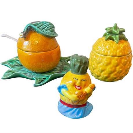 Orange & Pineapple Lidded Sugar Dishes w/ Hawaiian Pineapple Shaker