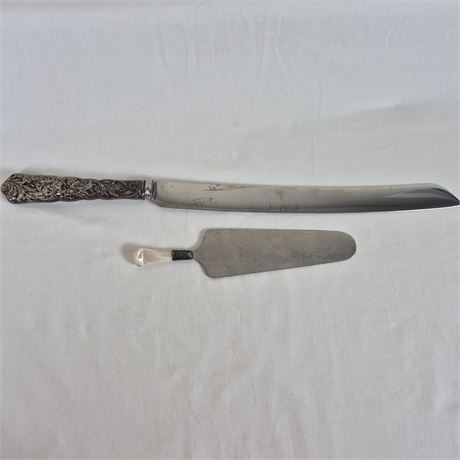 Vtg Sterling Handle Cake Knife & MOP/.925 Cake Server -Elegant Serving