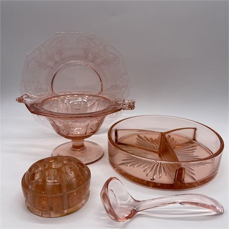 Variety of Pink Depression Glass Serve Wear and Flower Frog