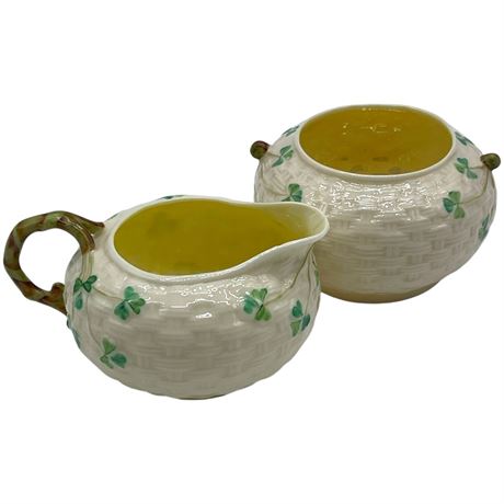 Vtg Belleek Shamrock Creamer and Sugar Bowl - 6th mark
