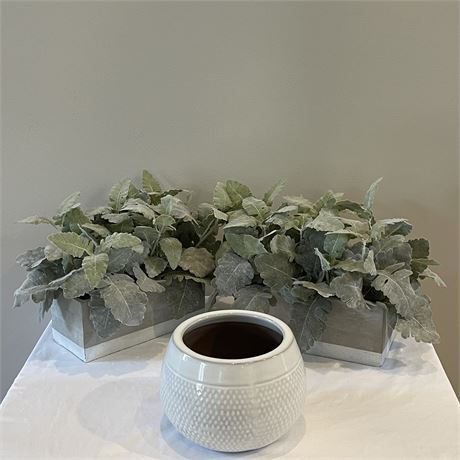 Pair of Cement Potted Artificial Plants w/ White Pottery Pot