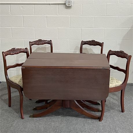 Vintage Drop-Leaf Table with 4 Carved and Upholstered Chairs