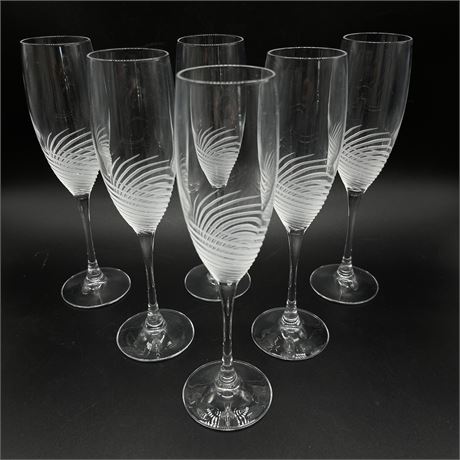 (6) Cristal D'Arques Etched Swirl Glass Durand Spirale Mate Champagne Glasses