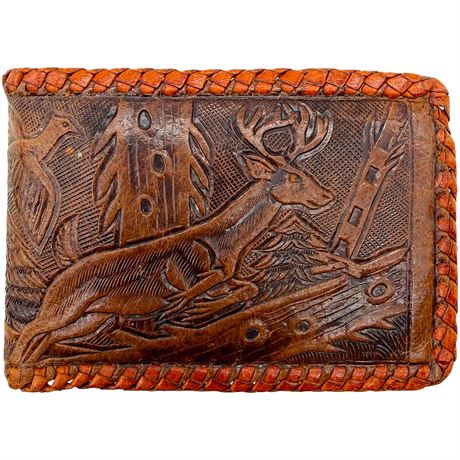 Hand-Tooled Leather Bifold Wallet Featuring Forest Hunting Scene