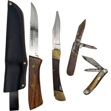 Vtg Folding Pocket Knives and Fixed Blade Sandvik Knife w/ Sheath