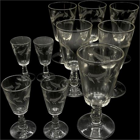 Vtg Fern Etched (4) Cordial Glasses & (6) Wine Goblets
