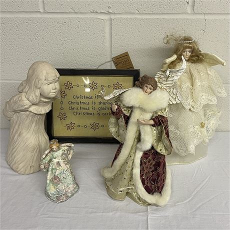 Vintage Angel Tree Toppers with Statuette and Stitchery Wall Hanging