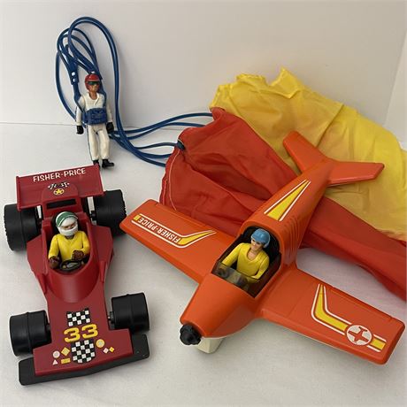 '74 & '75 Fisher-Price Adventure People Race Car, Sport Plane & Skydiver