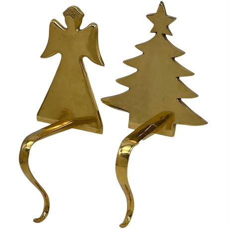 Vtg Brass Christmas Tree & Angel Stocking Hangers