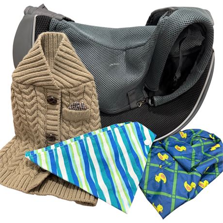 Size Small Dog Carrier Sling, Sweater & Bandana w/ Size XS Raincoat