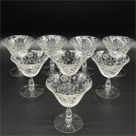 Set of 8 Floral Etched Crystal Wine Glasses