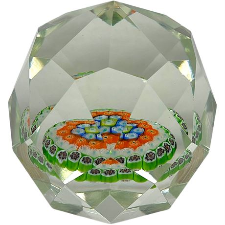 Vtg Murano Fratelli Toso Millefiori Faceted Art Glass Paperweight
