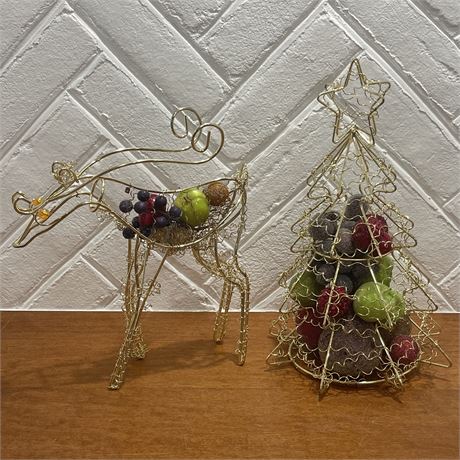 Gold Toned Metal Deer and Christmas Tree with Encased Artificial Fruit