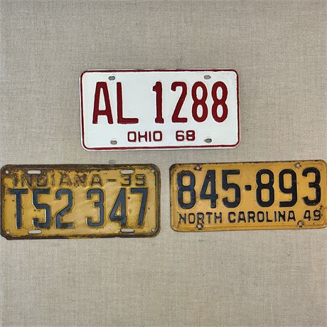 '39 Indiana, '49 North Carolina & '68 Ohio License Plates
