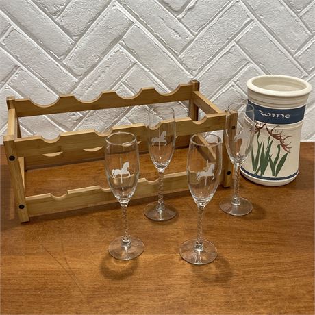 (4) Carousel Wine Glasses, Pottery Wine Chiller and Wood Wine Rack