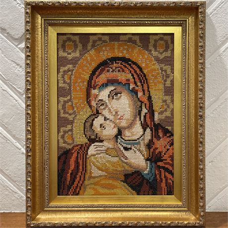 '85 Signed Hand-Embroidered Orthodox Icon Madonna & Child Framed Art